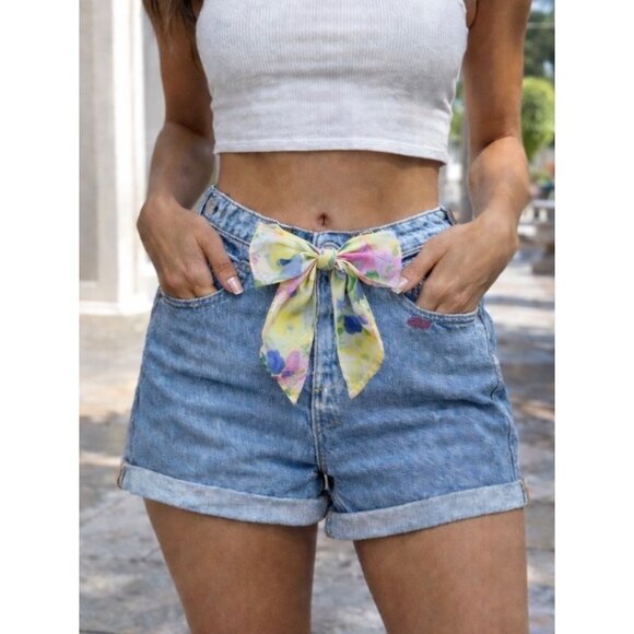 Pants - Sample One Of A Kind Embroidered Denim Shorts Grommet Scarf Belt 14” Waist New